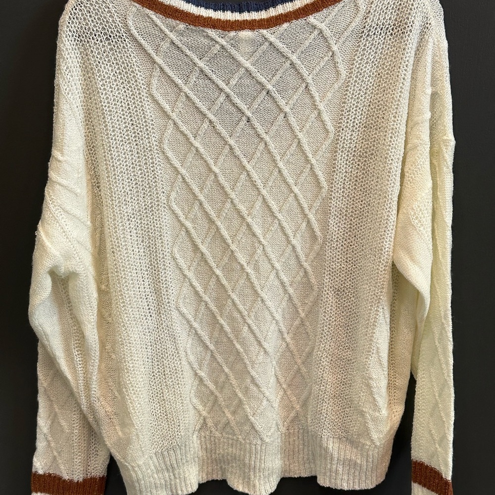 Wishlist | Preppy V-Neck Sweater with‎ Striped Trim | Cream, Blue, & Brown | M/L - Picture 6 of 7